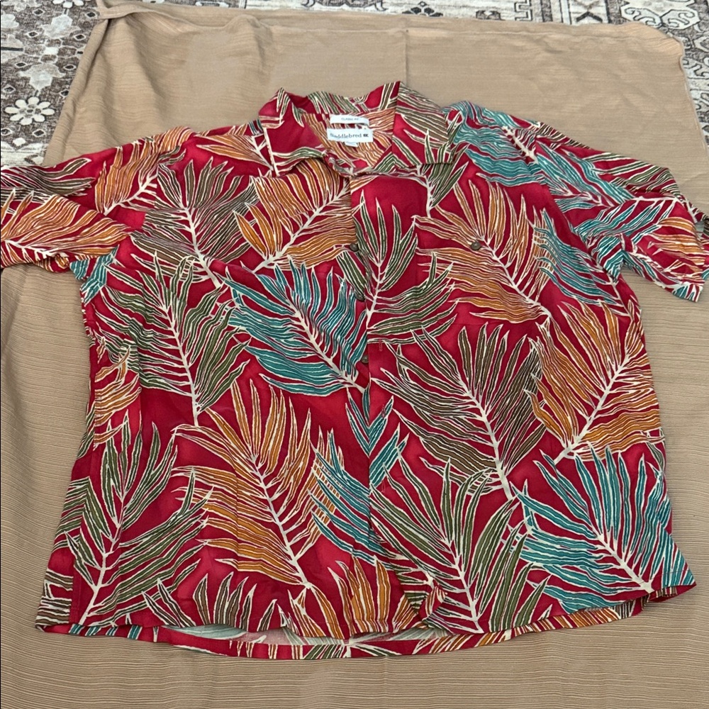Saddlebred Red Multicolor Leaf Print Casual Button Down Shirt